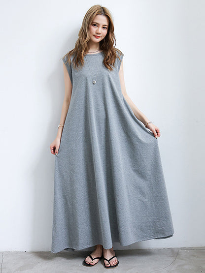 Simple Solid Color Oversized A-Line Round-Neck Cap Sleeves Maxi Dress