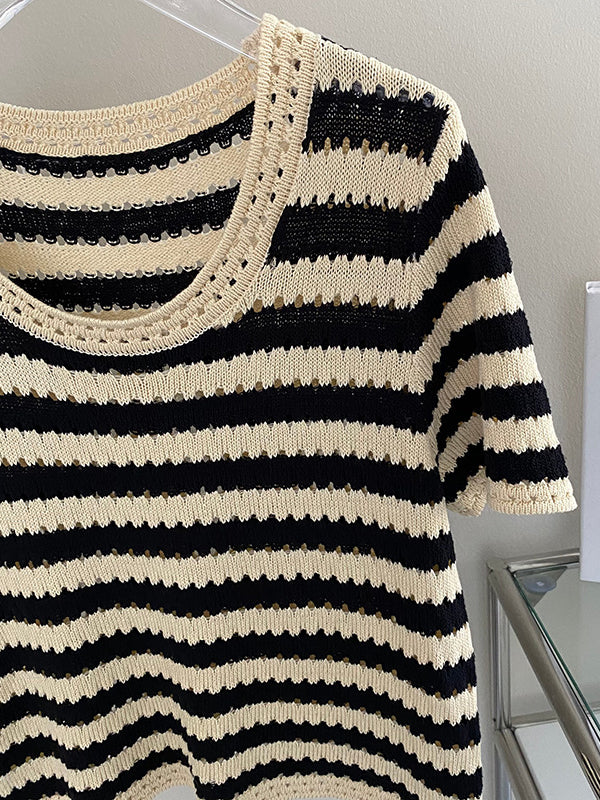 Simple Black White Contrast Color Striped Knitting T-Shirt