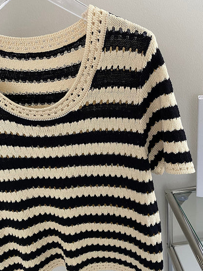 Simple Black White Contrast Color Striped Knitting T-Shirt
