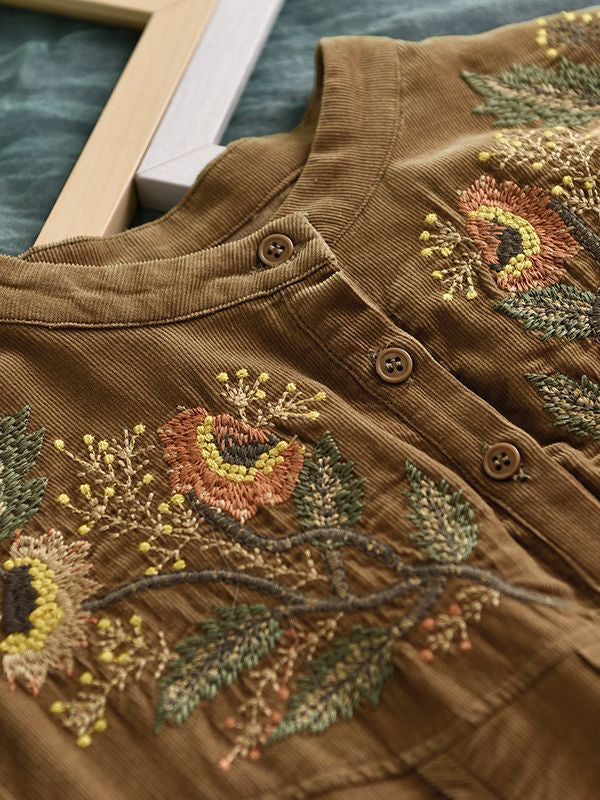 Vintage A-Line Loose Embroidered Stand Collar Midi Dresses