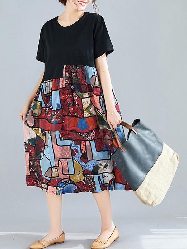 Loose Ramie Cotton Split-joint Floral Printed Midi Dress