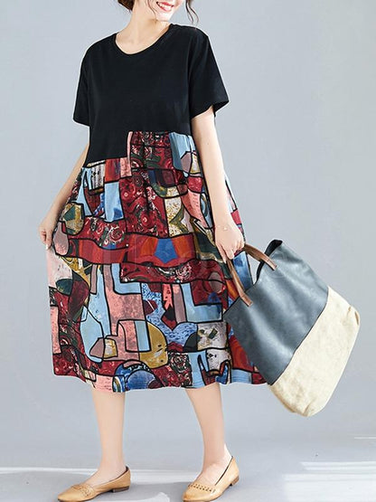 Loose Ramie Cotton Split-joint Floral Printed Midi Dress