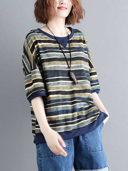 Casual Contrast Color Striped Short Sleeves T-Shirt Top