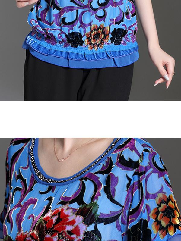Casual Floral Round Neck And Wide Leg Pants