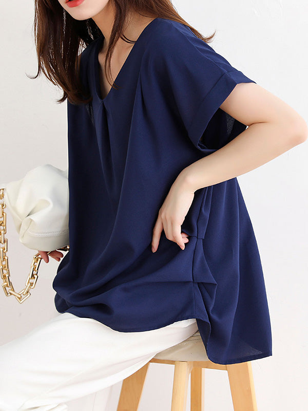 Simple Solid Color Pleated Round-Neck Short Sleeves T-Shirt