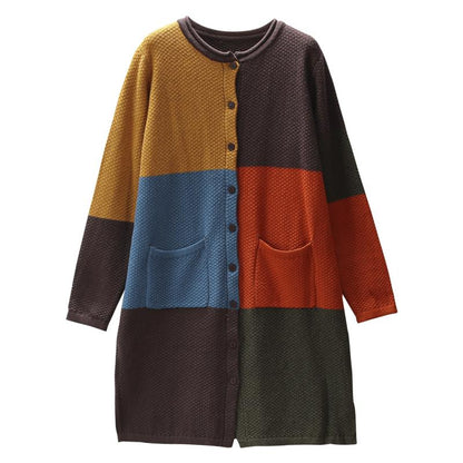 Buykud Retro Loose Colorblock Single-breasted Long Coat