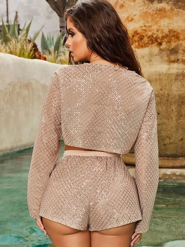 Sequined Long Sleeves Four Piece Swimsuit