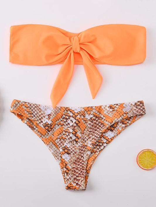 Strapless Knotted Snake Pattern Bikini Swimsuit