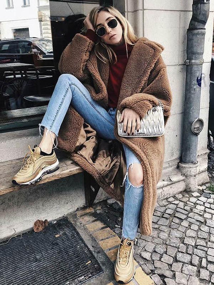 Loose Solid Lapel Fuzzy Coat