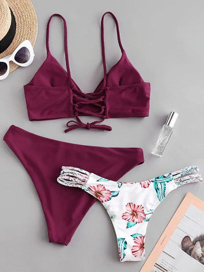 Solid Color & Floral-Print Three-Piece Split Bikini Swimsuit