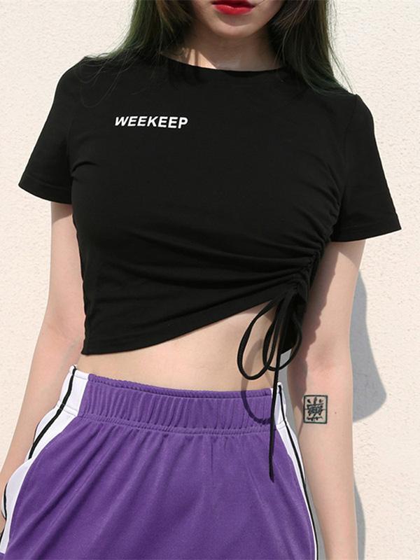 Casual Letters Printed Loose Exposed Navel T-Shirts Tops