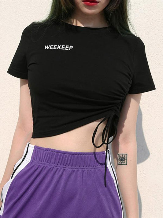 Casual Letters Printed Loose Exposed Navel T-Shirts Tops