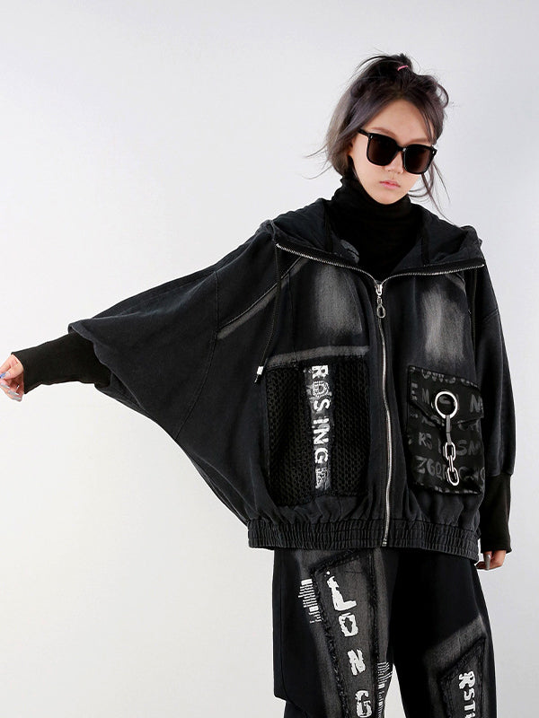 Stylish Cool Street Long Batwing Sleeves Letter Print Zipper Hooded Jackets&Coats