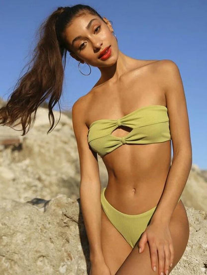 Solid Color Hollow Split Bikini Swimsuit