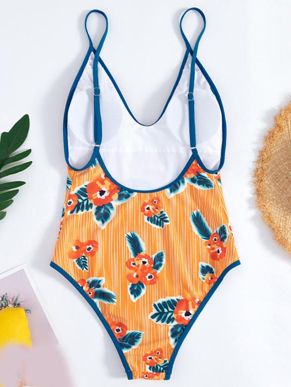 V-Neck Hemming Printing One-Piece Swimwear