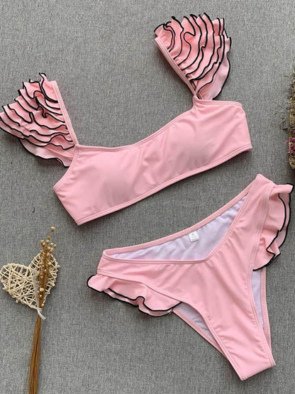 Bandeau Falbala Plain Bikinis Swimwear