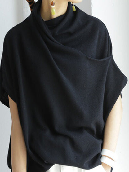 Casual Irregular Solid Color Pleated Heaps Collar Short Sleeves T-Shirt