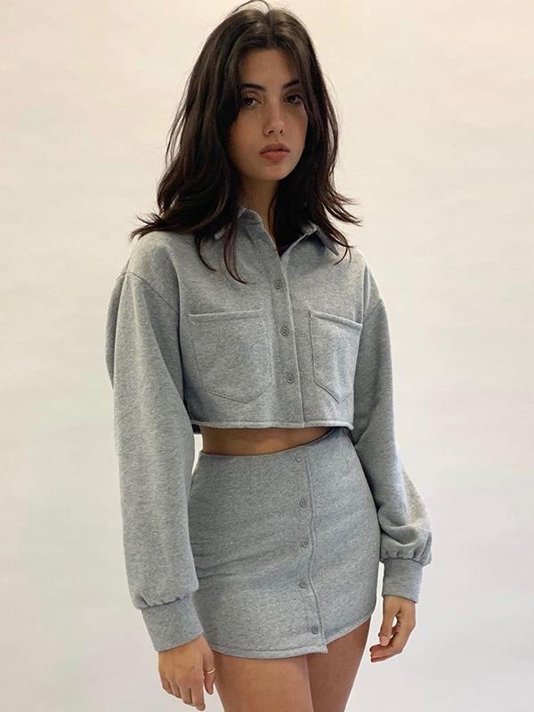 Solid Lapel Sweatshirt&Skirt Sports Suits