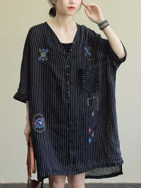 Cotton Blend Embroidered V-Neck Striped Mini Dress