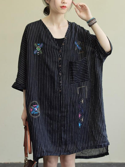 Cotton Blend Embroidered V-Neck Striped Mini Dress