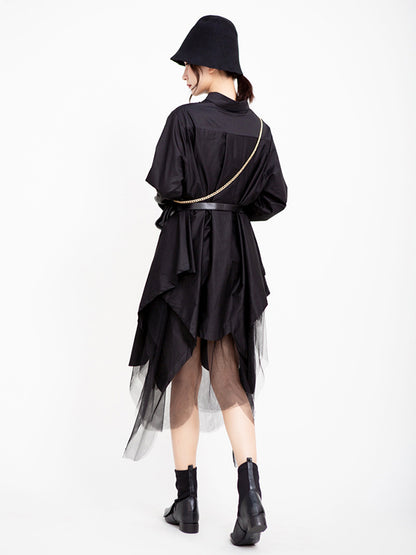 Urban Black&White Lapel Long Sleeves Shirt Dress