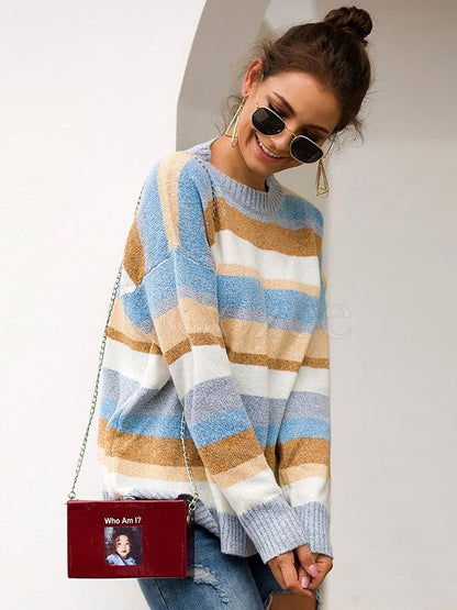 Two-tone Flocked Striped Loose Sweater
