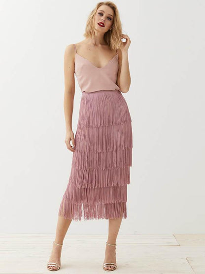 Spaghetti-neck Stacked Tassels Midi Dress