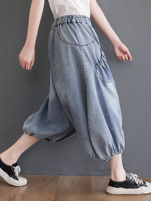 Loose Casual Elasticity High-Waist Wide Legs Jean Pants Knickerbockers