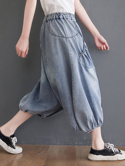 Loose Casual Elasticity High-Waist Wide Legs Jean Pants Knickerbockers