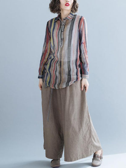 Lapel Striped Blouse&Solid Wide Leg Pants Suits