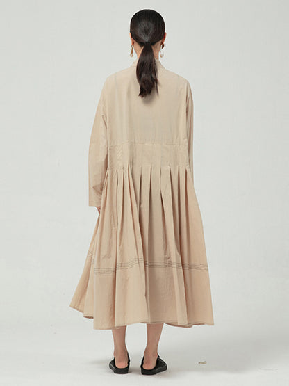 Casual Solid Color Buttoned Pleated Lapel Collar Long Sleeves Midi Dress