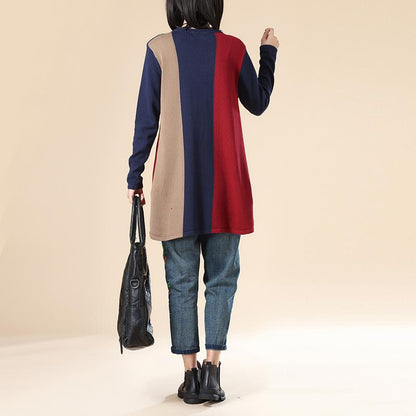 Women Stripe Casual Loose Navy Blue Long Sleeve Sweater Blouse