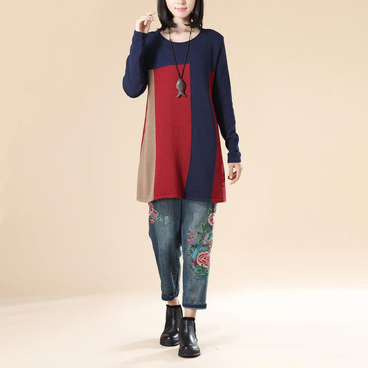 Women Stripe Casual Loose Navy Blue Long Sleeve Sweater Blouse