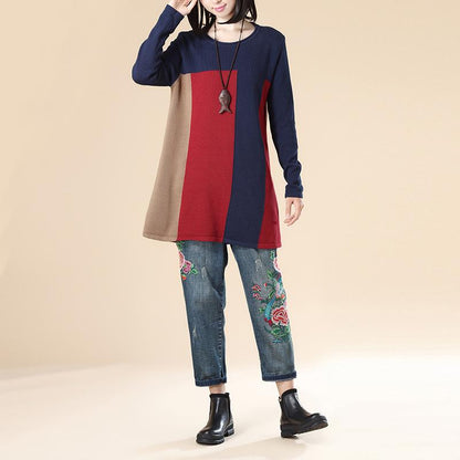 Women Stripe Casual Loose Navy Blue Long Sleeve Sweater Blouse