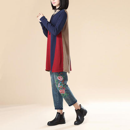 Women Stripe Casual Loose Navy Blue Long Sleeve Sweater Blouse