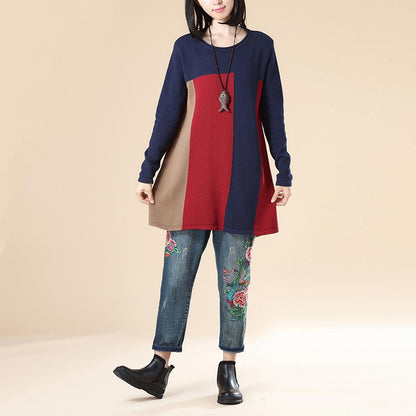 Women Stripe Casual Loose Navy Blue Long Sleeve Sweater Blouse