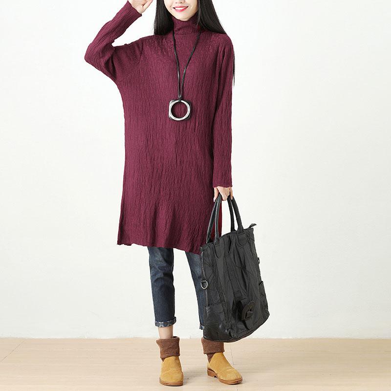 Women Autumn Winter Turtle Neck Long Sleeve Red Dress