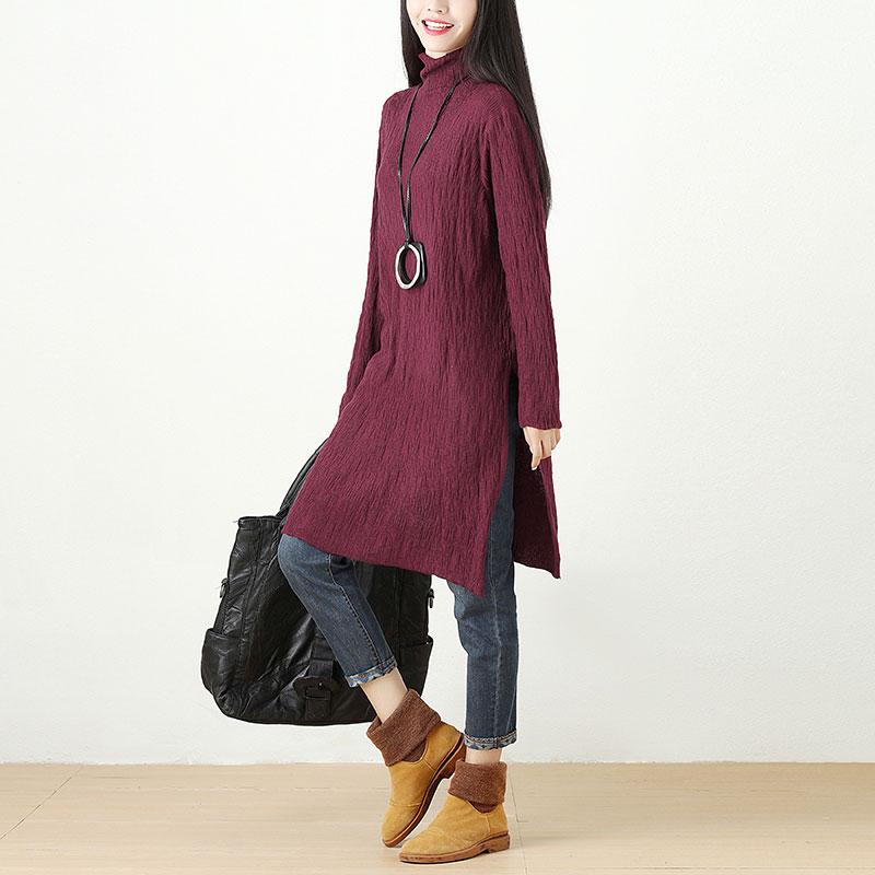 Women Autumn Winter Turtle Neck Long Sleeve Red Dress
