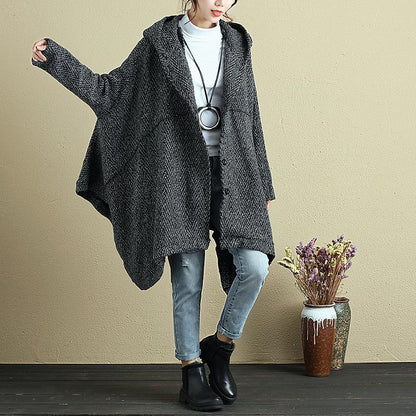 Loose Women Single Breasted Long Sleeve Bat Hooded Sweater Coat