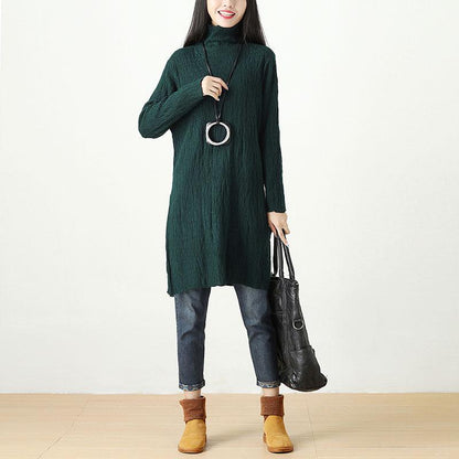Women Autumn Winter Turtle Neck Long Sleeve Green Dress