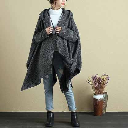 Loose Women Single Breasted Long Sleeve Bat Hooded Sweater Coat