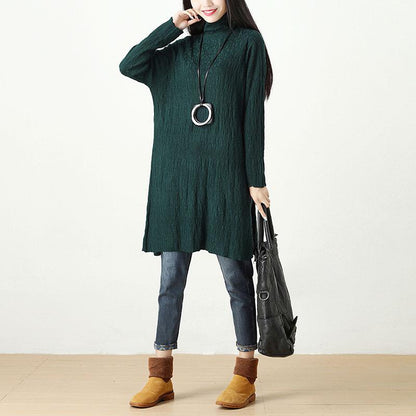 Women Autumn Winter Turtle Neck Long Sleeve Green Dress
