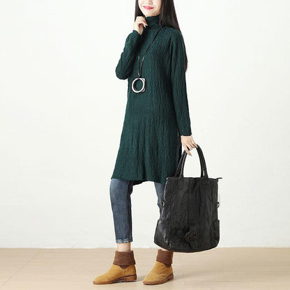 Women Autumn Winter Turtle Neck Long Sleeve Green Dress