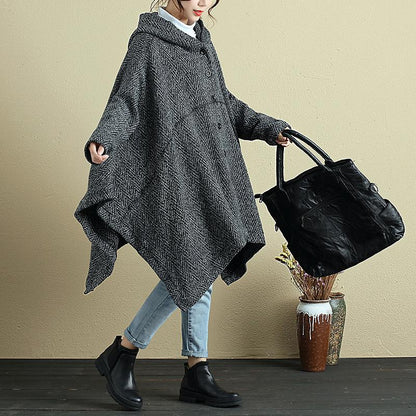 Loose Women Single Breasted Long Sleeve Bat Hooded Sweater Coat