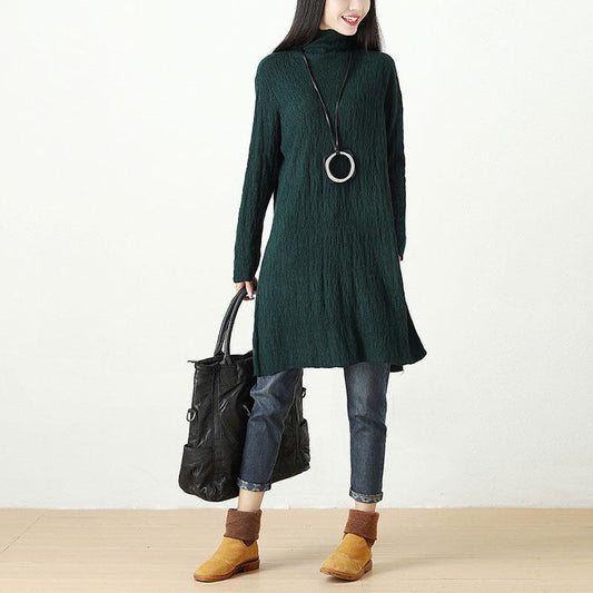 Women Autumn Winter Turtle Neck Long Sleeve Green Dress