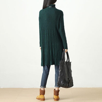 Women Autumn Winter Turtle Neck Long Sleeve Green Dress