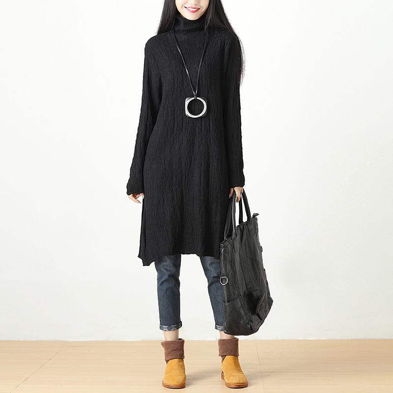 Autumn Winter Slit Fitting Black Dress For Women