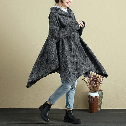 Loose Women Single Breasted Long Sleeve Bat Hooded Sweater Coat
