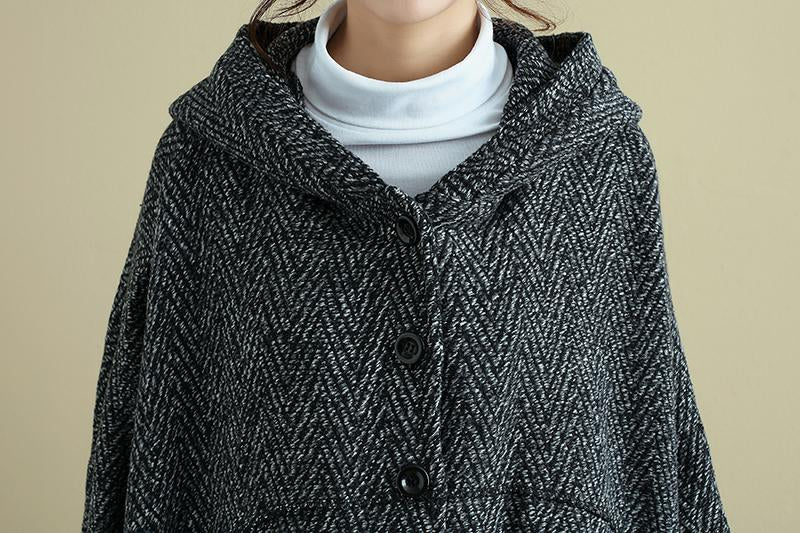 Loose Women Single Breasted Long Sleeve Bat Hooded Sweater Coat