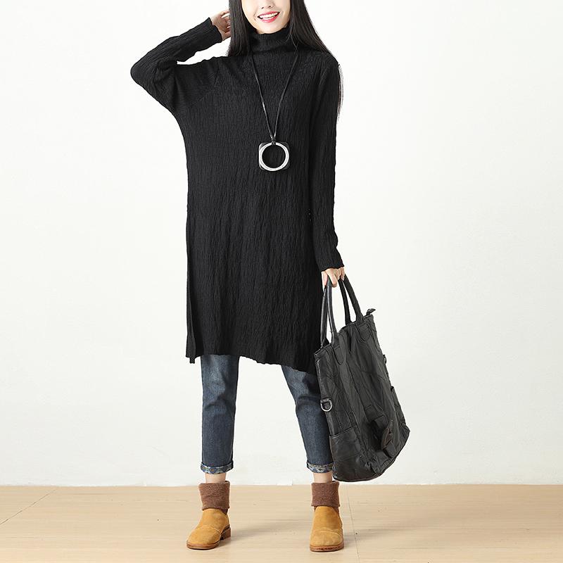 Autumn Winter Slit Fitting Black Dress For Women